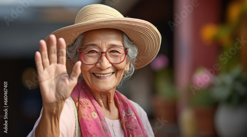 Elderly woman say hi or goodby © Niks Ads