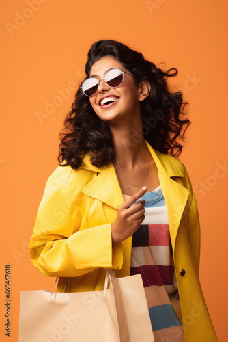 Young stylish woman wearing sunglasses and holding shopping bags