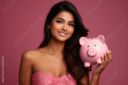 Young indian woman holding piggy bank in hand. saving concept.