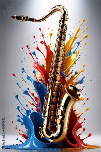 Musikinstrument Saxophon mit Farbspritzexplosion oder Farbpartikel-Splash zum World Day of Music und Weltmusiktag