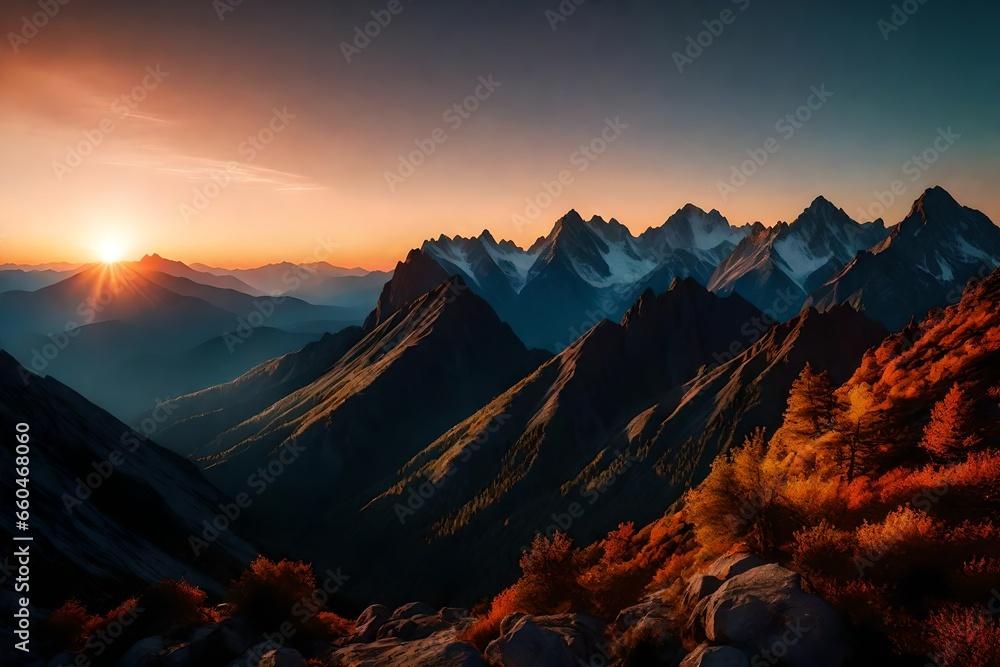 Generate an image of a mountain range at dawn, with the first light of day creating a spectrum of colors on the peaks