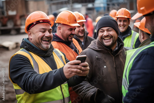 Smiling construction workers looking at a smartphones or a tablet at a construction site. workers looking at the computer camera talking to other coworkers remotely