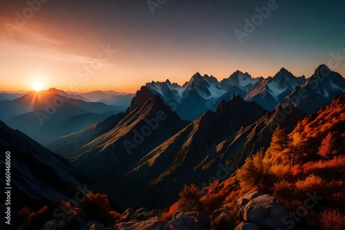 Generate an image of a mountain range at dawn  with the first light of day creating a spectrum of colors on the peaks