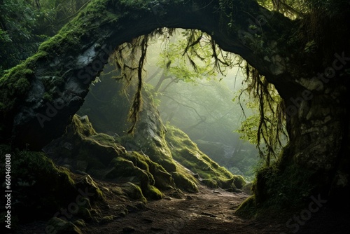 Misty and foggy archway in deep forest with ancient trees. Generative AI