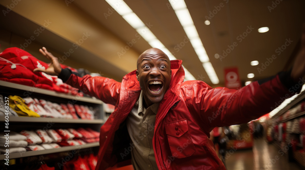 Shocked african american man in red jacket in shopping mall