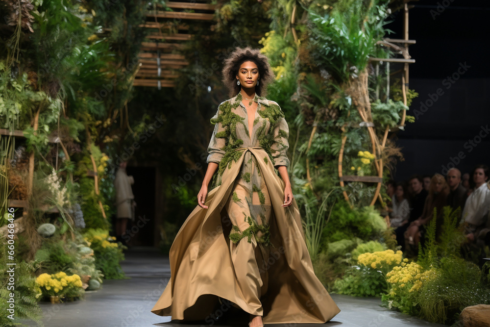 On a catwalk surrounded by lush greenery, a model dons eco-friendly attire, her walk exuding both style and sustainability, making a powerful fashion statement. 