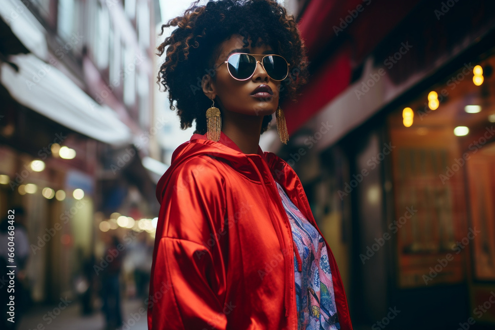 In a high-energy streetwear fashion show, a female model oozes urban coolness as she walks the runway, her style a reflection of the city's trendy vibe. 