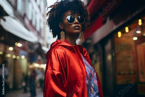 In a high-energy streetwear fashion show, a female model oozes urban coolness as she walks the runway, her style a reflection of the city's trendy vibe.  photo