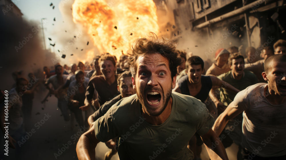 Terrorist act. Frightened crowd of people flee from an explosive explosion at street of city. Terrorist act. Frightened crowd of people flee from an explosive explosion at street of city.