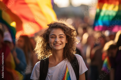 In a sea of colorful Pride marchers, a woman carries the rainbow flag, her spirited expression embodying the unity and love that define the LGBTQ+ community. 
