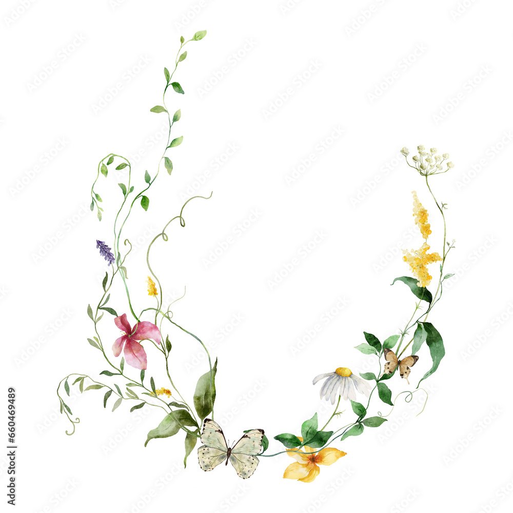 Watercolor floral wreath of meadow flowers, chamomile, grasses, cornflower and butterfly. Hand painted illustration isolated on white background. For design, print, fabric or background.
