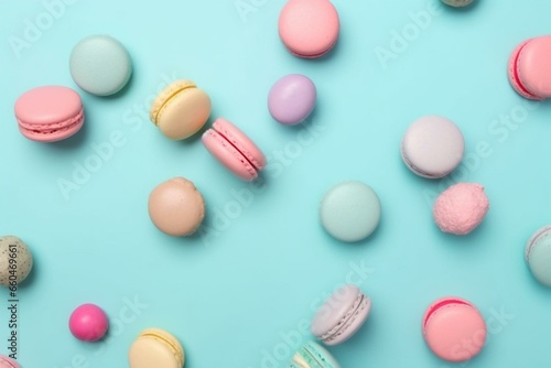 Tasty treats shaped like macarons on a pastel blue backdrop. Generative AI