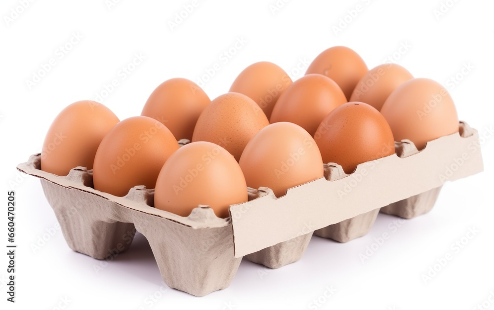 Cardboard container with raw chicken eggs isolated on white background. AI, Generative AI