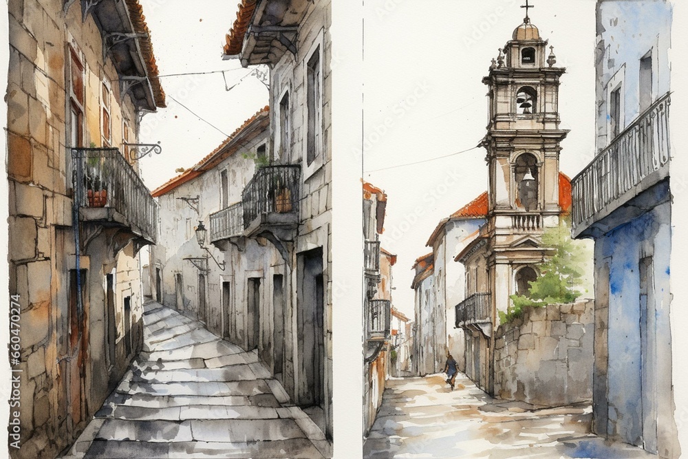 Watercolor and pencil sketches of Camino de Santiago in Galicia, Spain. Generative AI