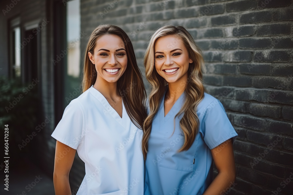 Smiling beautiful female healthcare workers or healthcare students