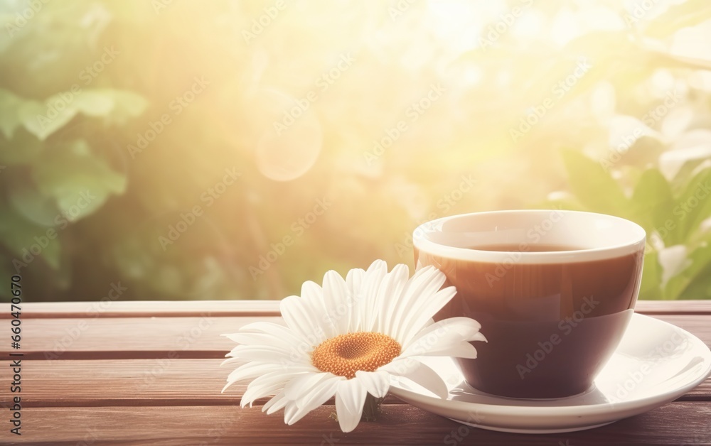 Coffee cup and daisy flowers on wooden table with sun. AI, Generative AI Coffee cup and daisy flowers on wooden table with sun. AI, Generative AI