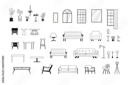 Furniture outline set of couches, armchairs, tables, drawers, lamps, windows, flowerpots for constructing interior designs.