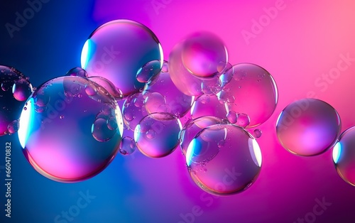Colorful glass bubbles floating on a mesmerizing pink. AI, Generative AI