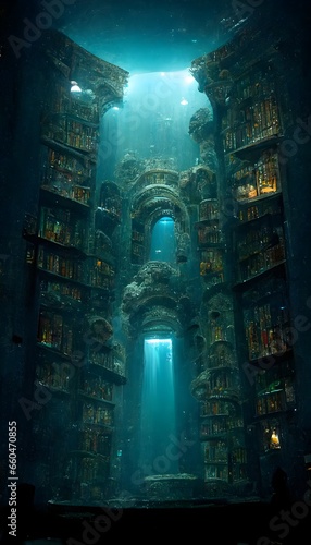underwater world of Atlantis library interior building highlydetailed tall bookshelves ruins beautiful epic lighting ultrarealistic cinematic epic 