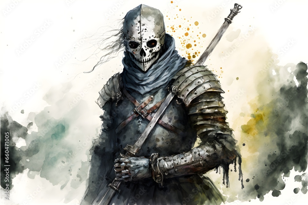 undead soldier with white empty emotionless mask wielding two sword watercolor 