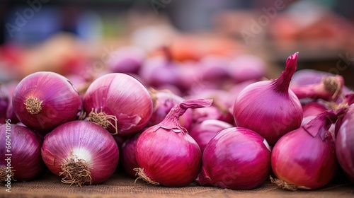 Selective focus image of fresh red onions for sale at an outdoor market in Bucharest Romania
