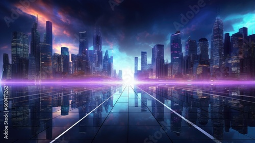 Post apocalyptic glowing neon lines in a virtual cityscape under a night sky