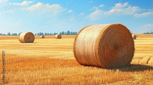 Round straw bales dot the f...