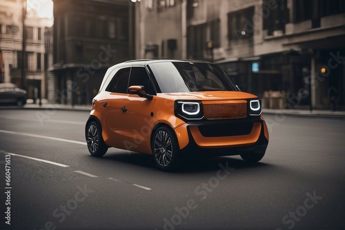 mini mobility,mini car, small car, small black car parked on the side of a street, ultra modern concept of a small city car, 