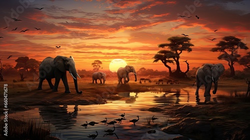 South African safari wildlife animals gather at sunset in a picturesque setting