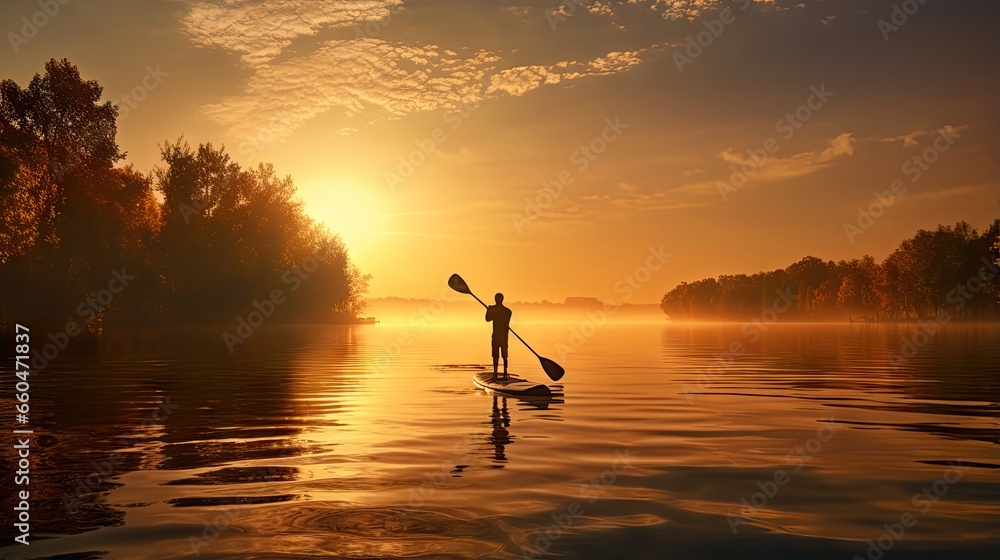 Teen boy stands up and paddles on a SUP in serene autumn Danube river landscape at sunrise training and meditating