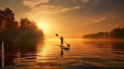 Teen boy stands up and paddles on a SUP in serene autumn Danube river landscape at sunrise training and meditating © vxnaghiyev