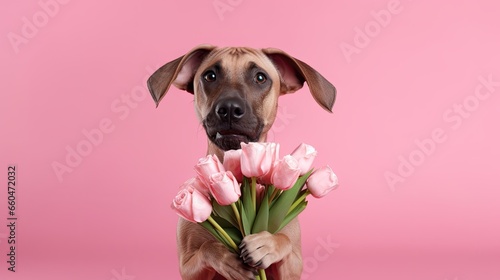 Tulip carrying dog on pink backdrop Spring card for celebrations