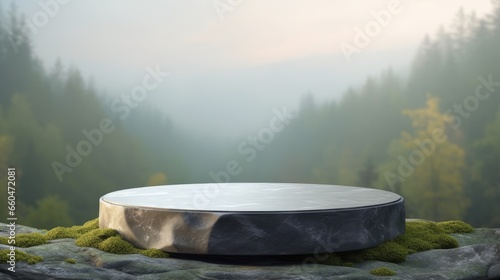 Stone podium on rock platform 3D illustration gray pedestal for display forest and blurred horizon natural landscape soft light