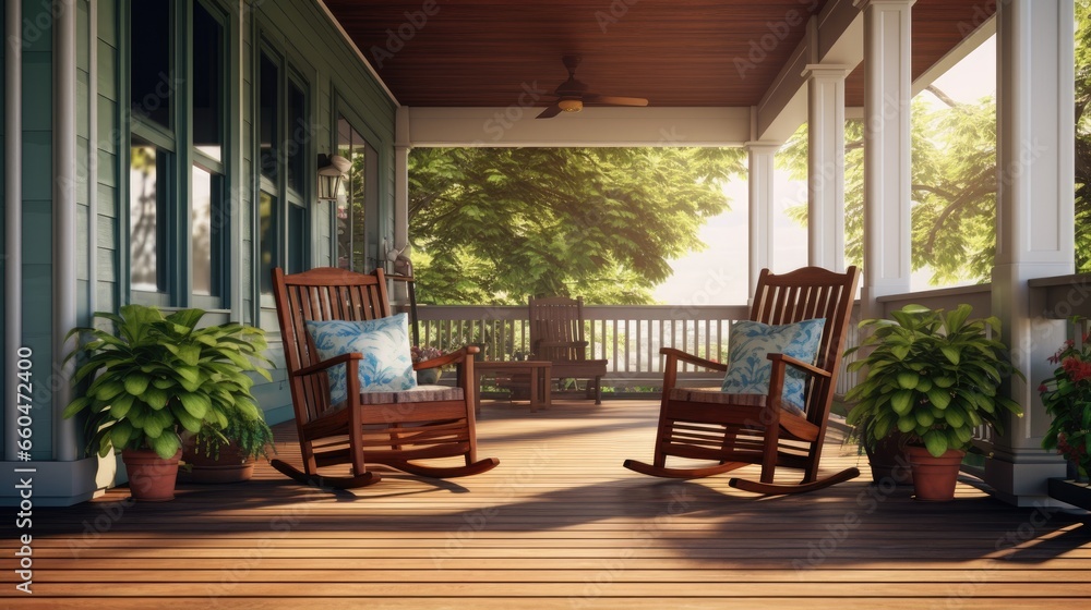 Spacious wooden porch with seating area in rear of large home