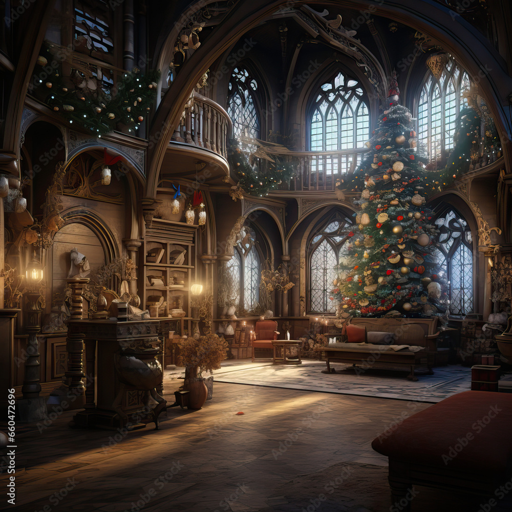 Christmas in the Enchanted Castle, Generative AI illustration
