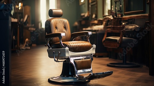 Vintage barber chair in a barbershop with a professional hairstylist for men only © vxnaghiyev