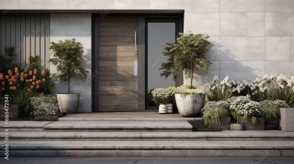 Modern house exterior with gray door and potted flowers