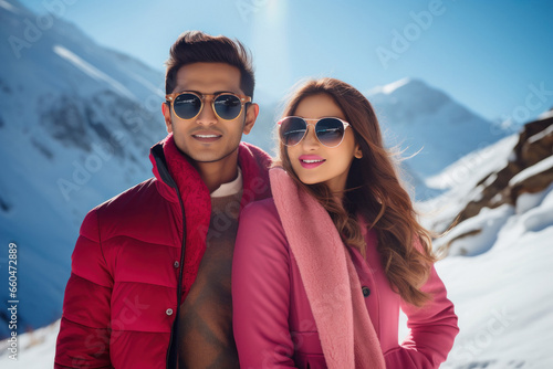 Young couple in warm wear, enjoying vacation at cold mountain