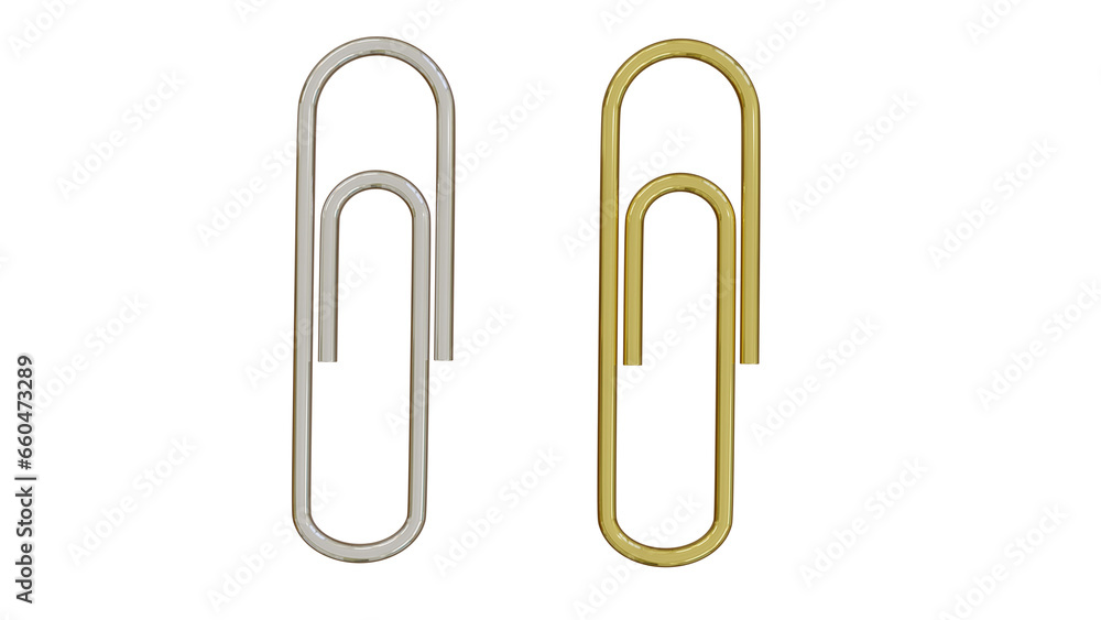 Silver and gold paper clips isolated on transparent and white background. Office concept. 3D render Silver and gold paper clips isolated on transparent and white background. Office concept. 3D render