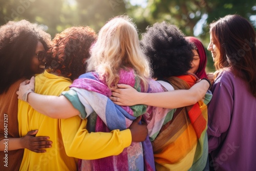 group of people from different races, dressed in vibrant clothes, hugging each other from behind on a sunny day, symbolizing the concept of support, help, and youth community.