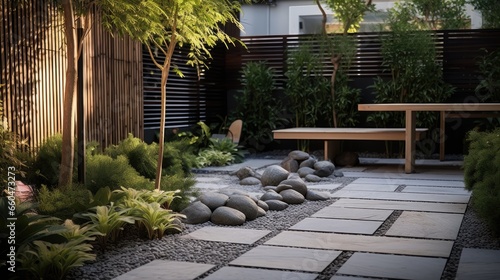 Textured and contrasting elements like pebbles flagstone and pavers along with minimalist plantings create a small contemporary Asian urban garden