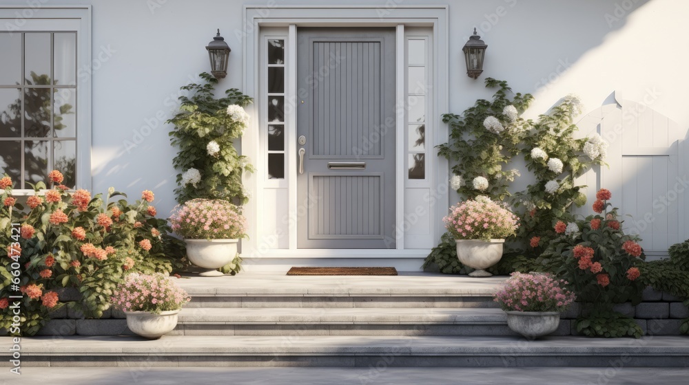 Modern house exterior with gray door and potted flowers