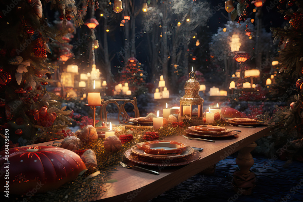 Enchanted Christmas Forest Feast, Generative AI illustration