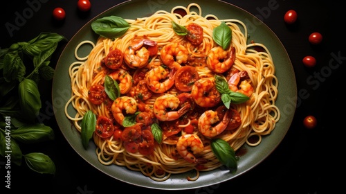 Top view of spicy shrimp spaghetti in tomato sauce on a plate