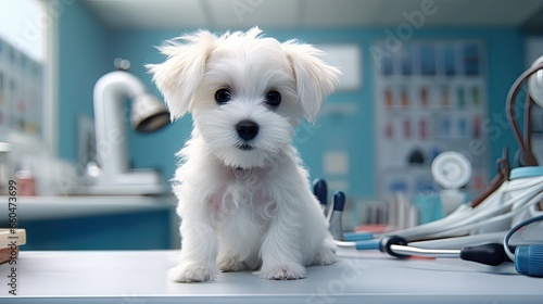 Tiny white pup on vet s tab...
