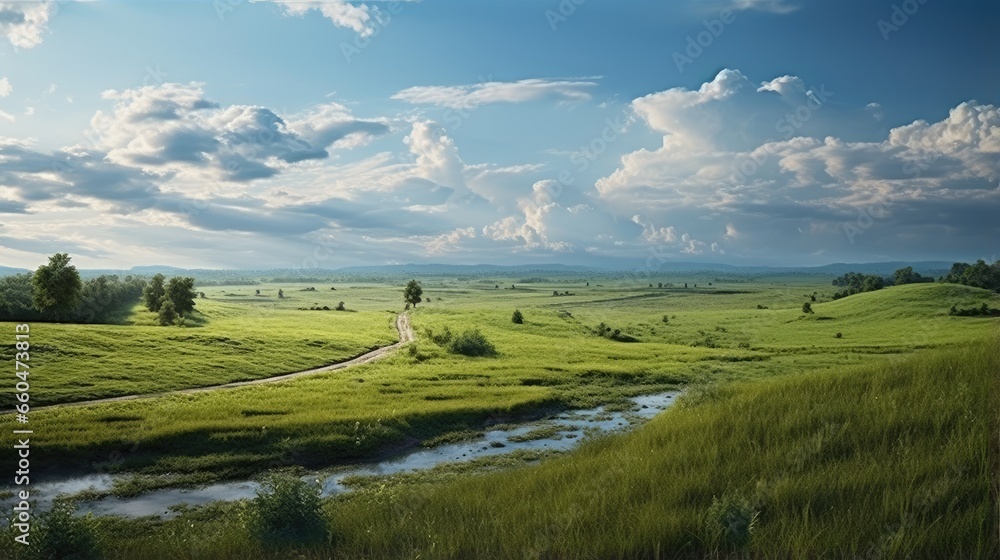 Obraz premium Rural landscape with fields and grass