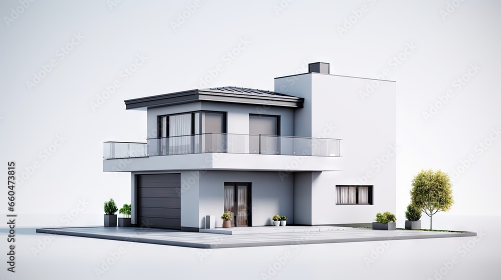 Modern style two storey house with a white and gray roof depicted in a 3D illustration on an isolated background