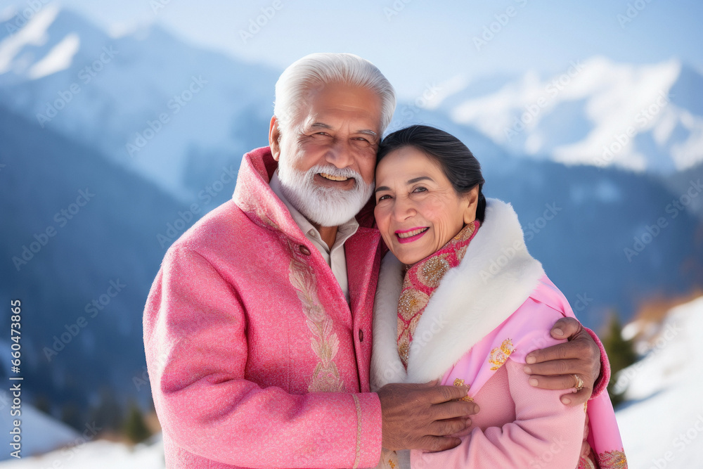 Senior couple in sweater on cold mountain, enjoying vacation Senior couple in sweater on cold mountain, enjoying vacation
