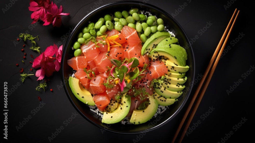 Top view of Hawaiian salmon poke bowl with seaweed avocado watermelon radish edamame and cucumber Top view of Hawaiian salmon poke bowl with seaweed avocado watermelon radish edamame and cucumber