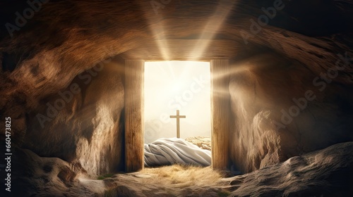 Sunlit open door revealing empty tomb with linen cloth and three distant crosses depicting crucifixion and resurrection